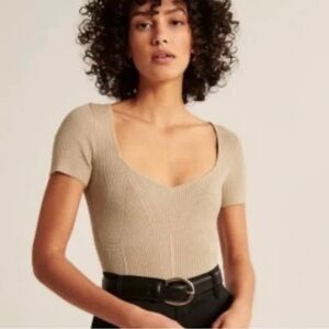 Abercrombie & Fitch Tan Ribbed Short Sleeve Bodysuit
